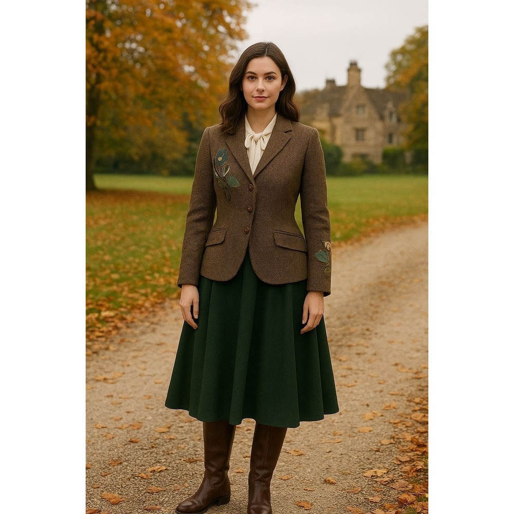VTG Dress Barn Wool Blend Herringbone Embroidered Equestrian Blazer Brown 16